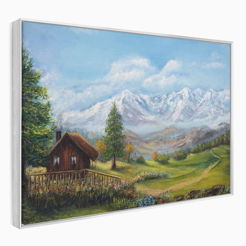 Tablou canvas cu tablou canvas cu peisaj montan si cabana, in rama de aluminiu argintiu